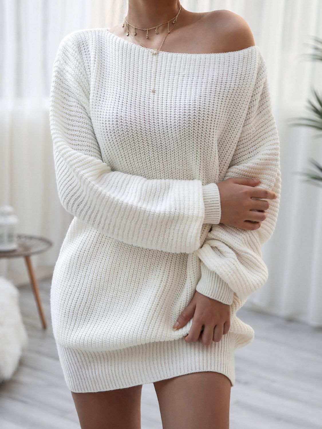 Rib-Knit Balloon Sleeve Boat Neck Sweater Dress – The Mom Loop