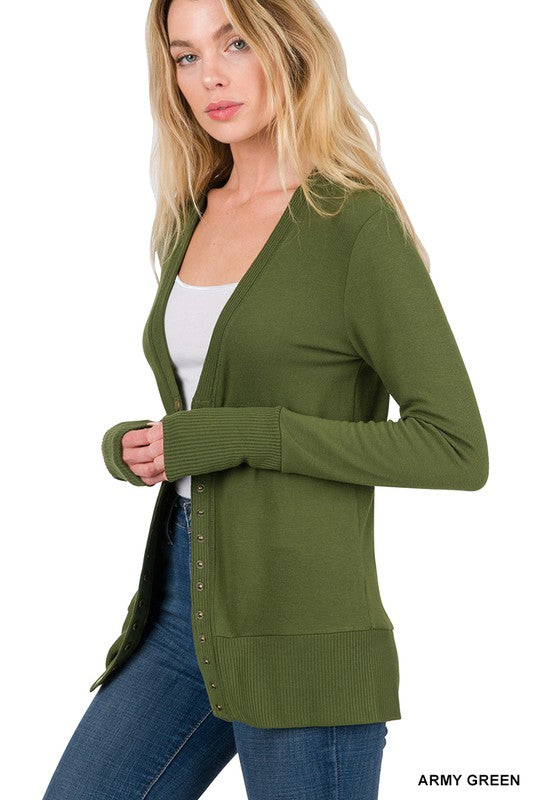 SNAP BUTTON SWEATER CARDIGAN WITH RIBBED DETAIL